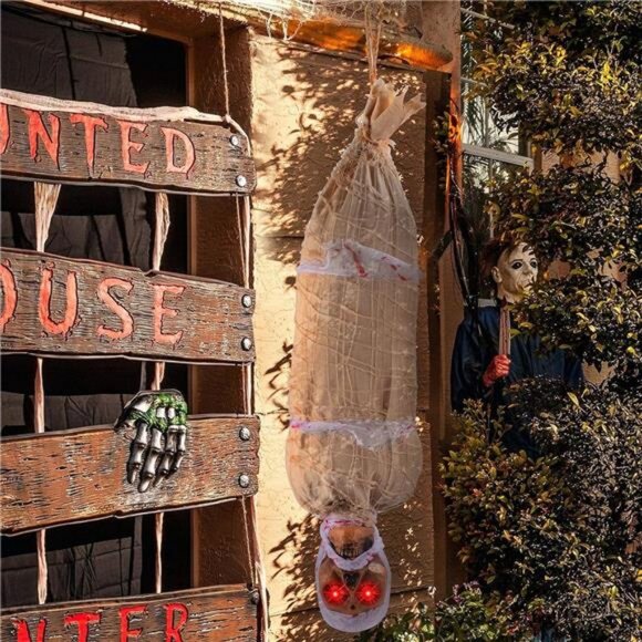 35" Halloween Animated Hanging Corpse with LED Light Up Eyes & Sound Effect - Picture 5 of 8